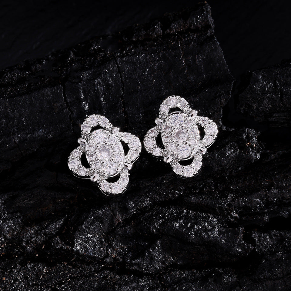 RAKOL Niche Design, Exquisite Hollow-Out Zircon Floral Earrings, Light Luxury Style Studs, Compact and Versatile Earrings
