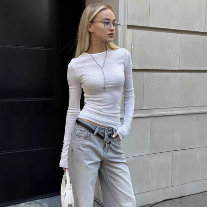 Cross-border autumn new solid color versatile slim long-sleeved top women's European and beautiful casual crew neck tight T-shirt women