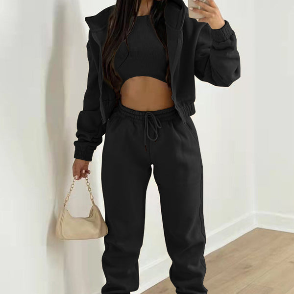 2025 cross-border new European and American three-piece suit trousers loose fashion casual hooded sports sweatshirt set