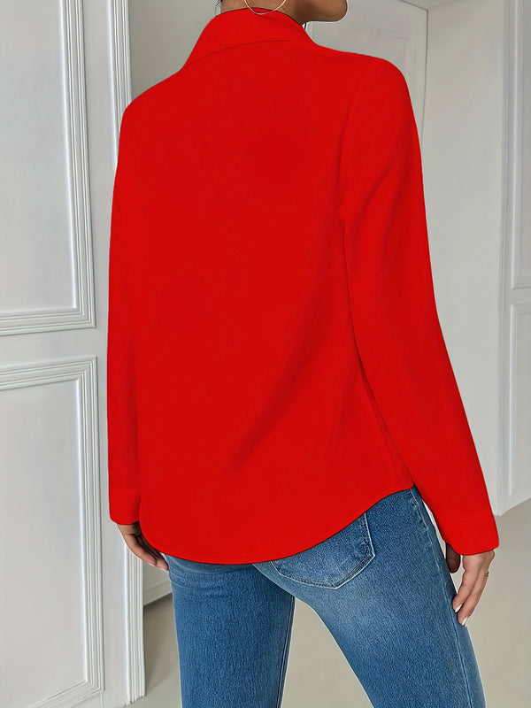 2026 New European and American Elegant Plus Size Women's Cross-border Four-Season Pocket Loose Long Sleeve Lapel Shirt Top
