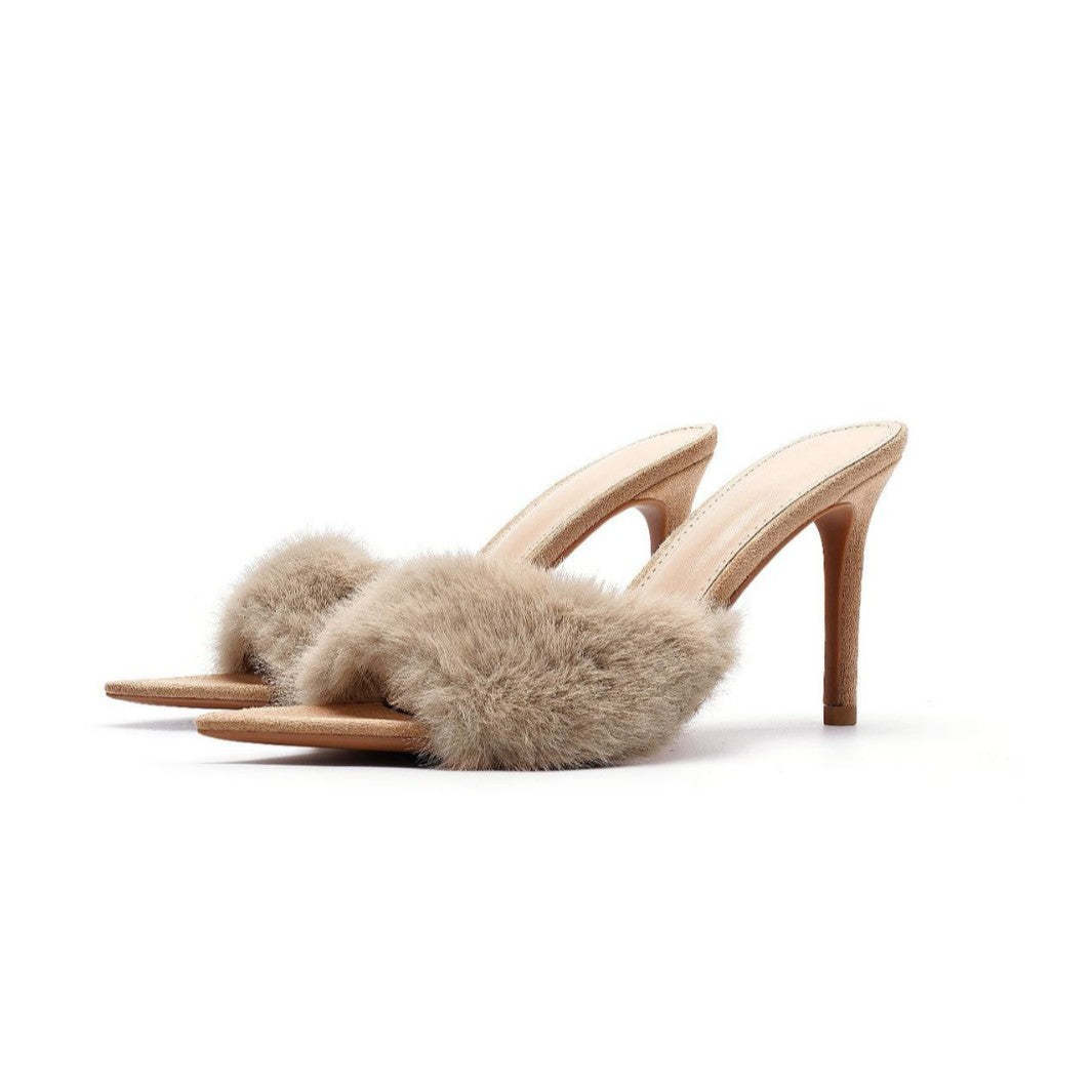 WO2026 Fall/Winter High Heels Women's Wool Slippers Comfortable Thin Heels Pointed Toe Suede Warm and Fashionable Slippers Women