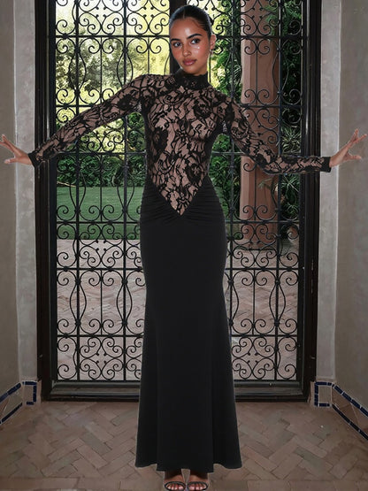 Foreign trade autumn and winter new women's clothing European and American style sexy hollow see-through lace spliced long sleeve slim hip wrap dress