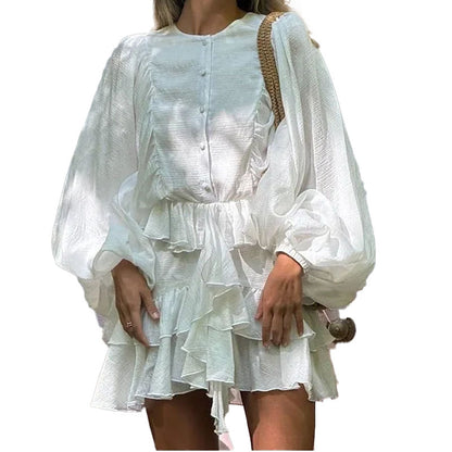 European and American style cross-border Amazon women's spring French high-waisted puff sleeve ruffled cropped dress