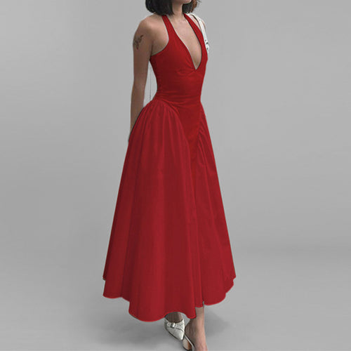 2025 Amazon Spring Hot Selling Cross-border European and American Clothing Solid Color Sexy Deep V Hollow Halterneck Temperament Dress