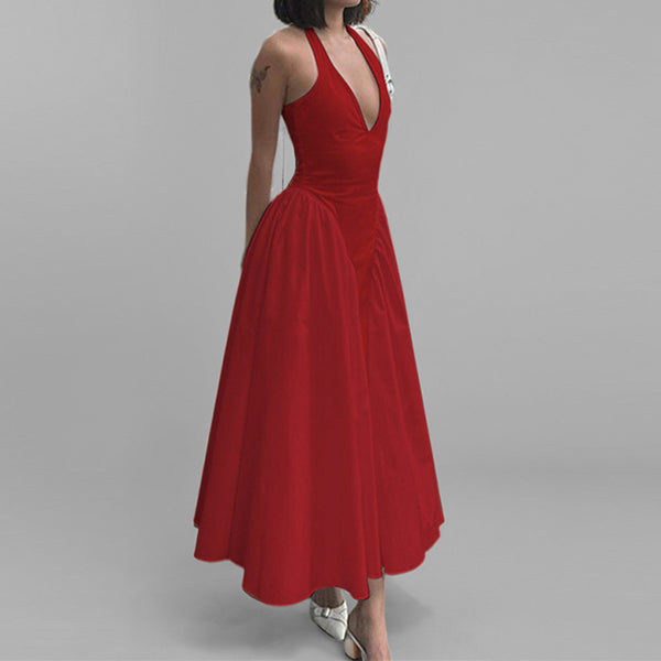 2025 Amazon Spring Hot Selling Cross-border European and American Clothing Solid Color Sexy Deep V Hollow Halterneck Temperament Dress