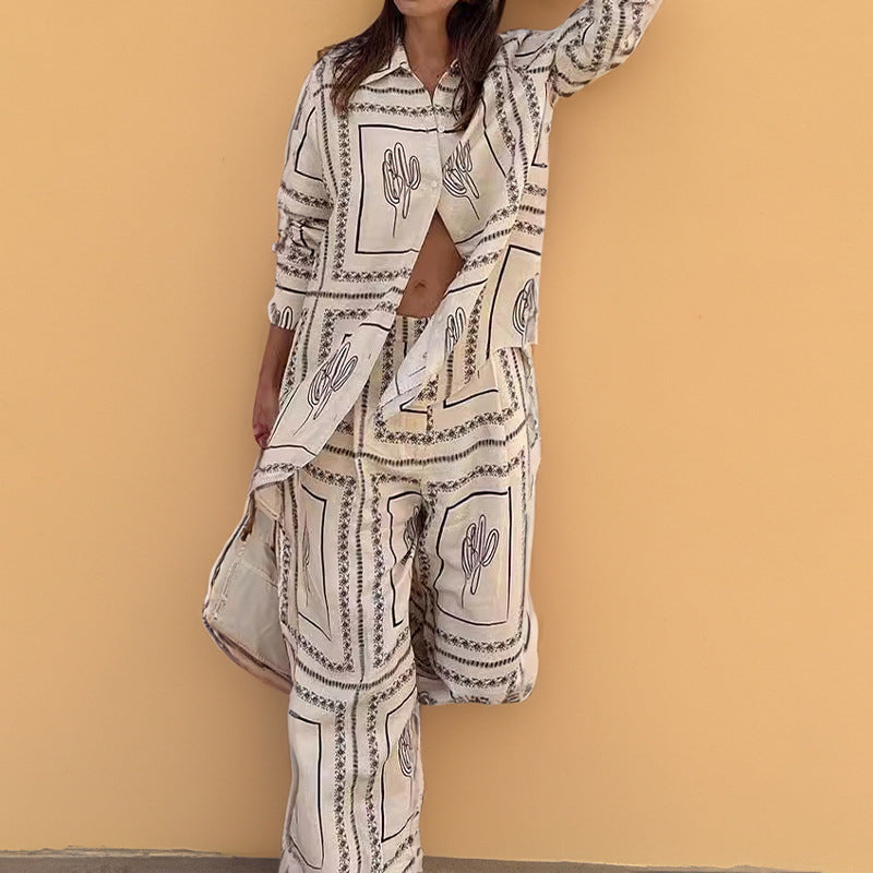 Cross-border spring 2026 new European and American style women's clothing temperament long-sleeved printed shirt loungewear fashion women's suit