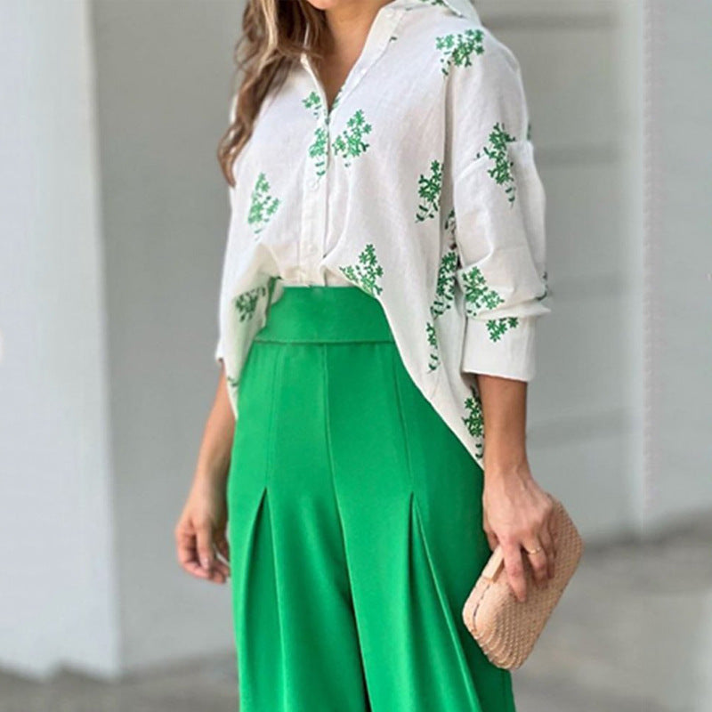 2025 European and American clothing temperament loose printed shirt women's high-waisted wide-leg pants fashion suit women's two-piece set 661