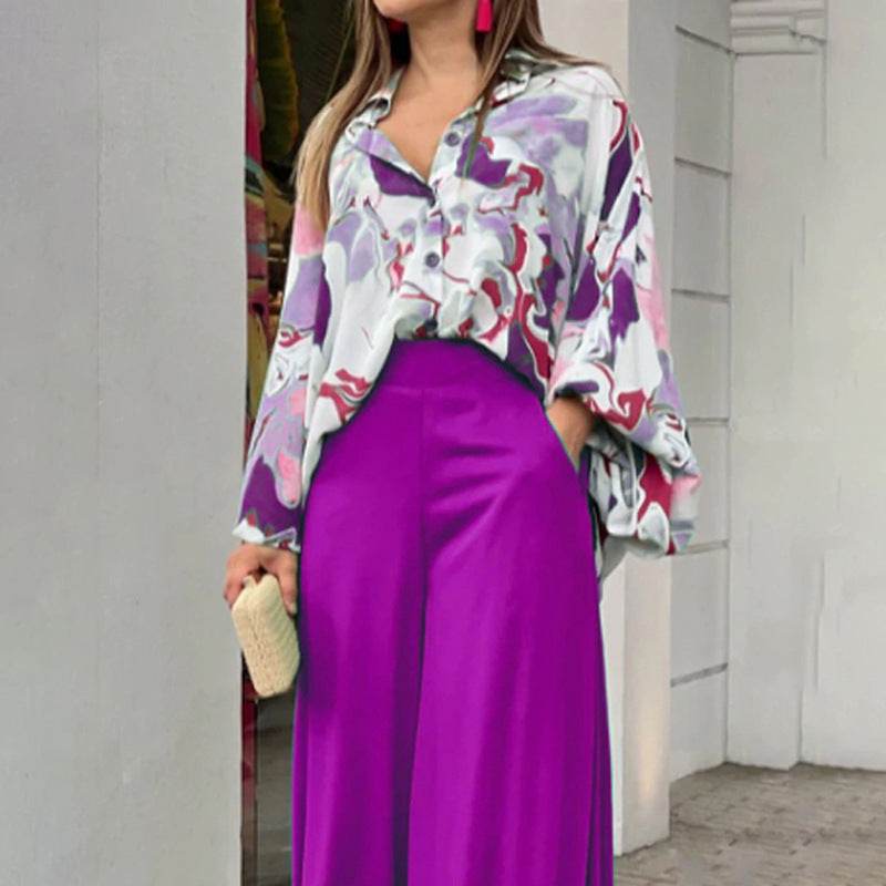 2026 spring new cross-border European and beautiful printed shirts with elegant temperament and wide-leg pants fashion casual suits