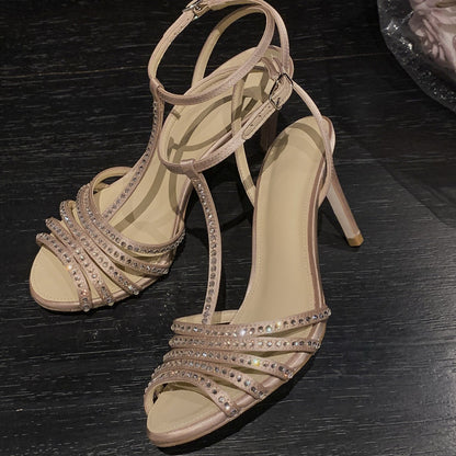 Congyuan 2026 summer round toe comfortable strappy high heels temperament rhinestone women's shoes banquet sandals Li Congyuan high heels