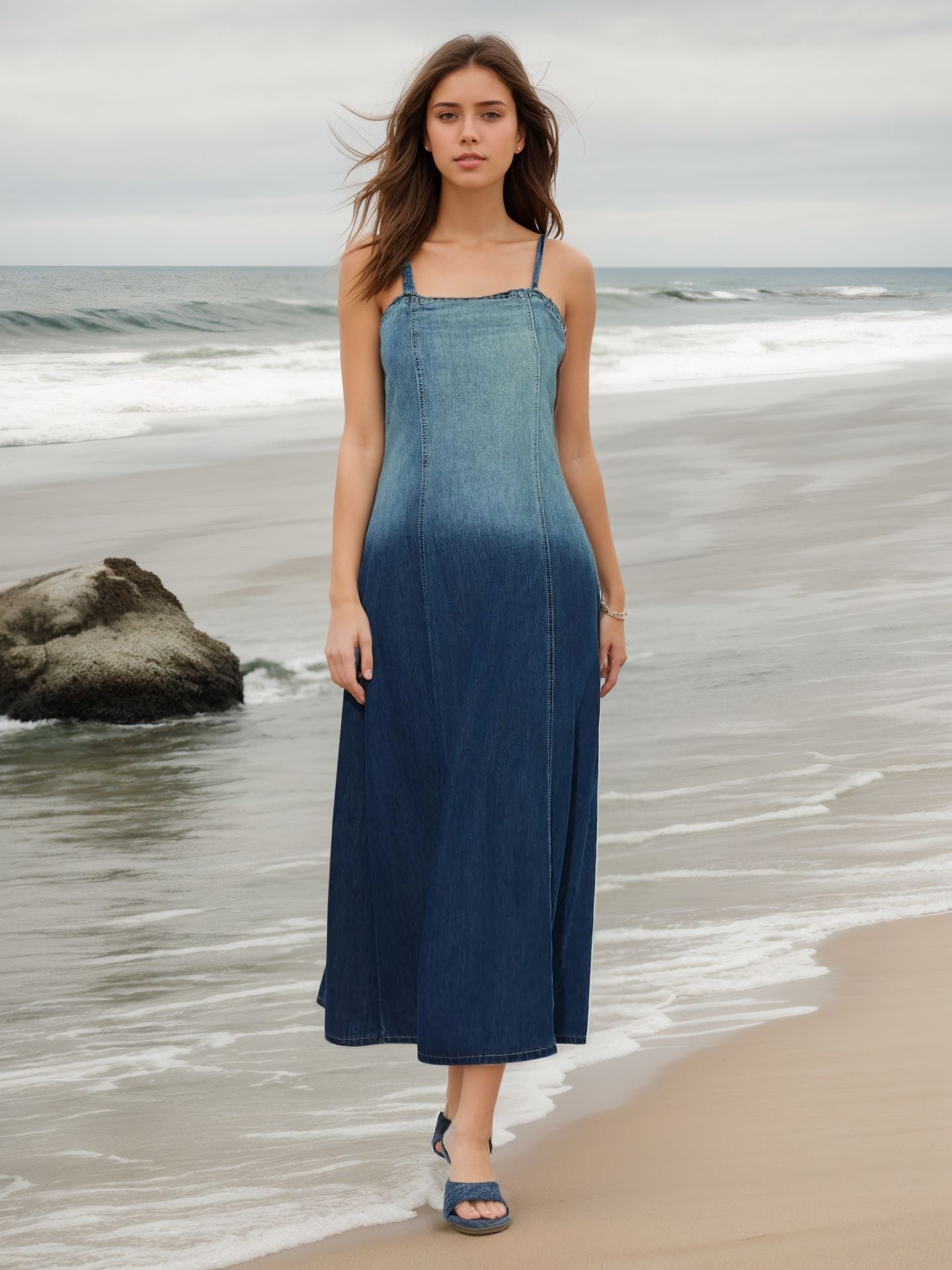 American blue gradient suspender denim dress 2024 summer new elastic waist to cover the flesh and slim long skirt