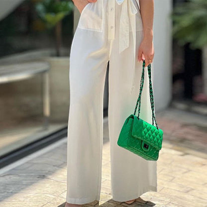 2025 Summer New Cross-border European and American Solid Color Casual Fashion Versatile Commuter Loose V-Neck Lace-up Jumpsuit 661