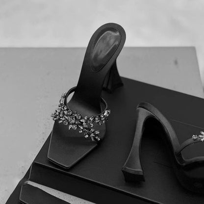 2026 summer European and American silk satin thin heel cross rhinestone square toe open toe slippers high heel slippers fashionable and sexy style