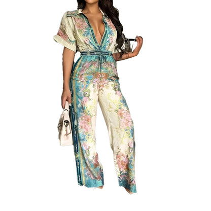 2025 new cross-border Amazon European and American fashion elegant style long short-sleeved printed jumpsuit