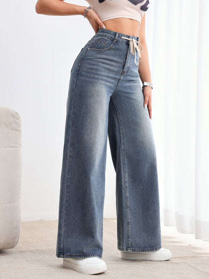 TEMU American Vintage Wide-Leg Jeans Women's Washed Drawstring High Waist Loose Drape Straight Jeans JEANS