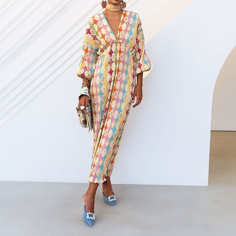 Elegante vestido comprido com decote em V, estampado e mangas abalonadas da Amazon, novidade da coleção Primavera 2026 de roupa europeia e de beleza para mulher.