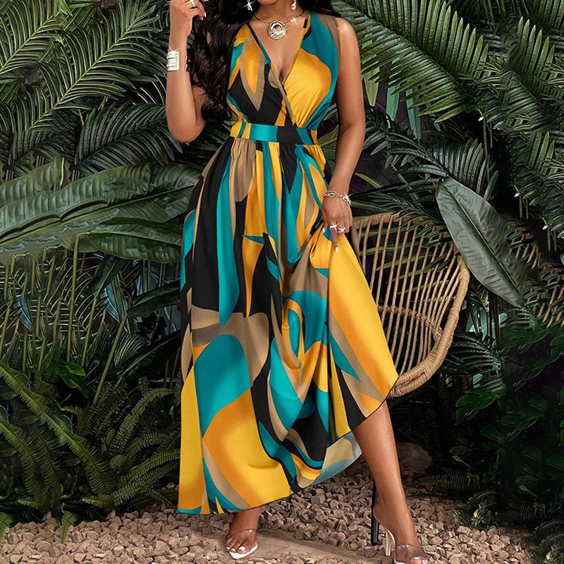 2026 Amazon cross-border new European and American women's clothing temperament is elegant and fashionable, sexy printed sleeveless V-neck dress