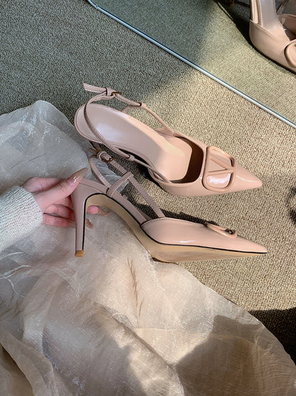 WO Huizhou 2026 Autumn New Patent Leather Pointed Toe V-Buckle Back Air Sandals Light Luxury European and American Temperament Women's High Heels
