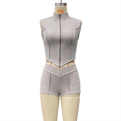 Cross-border spring and summer new European and American women's solid color lapel zipper slim crop top high waist tight shorts set