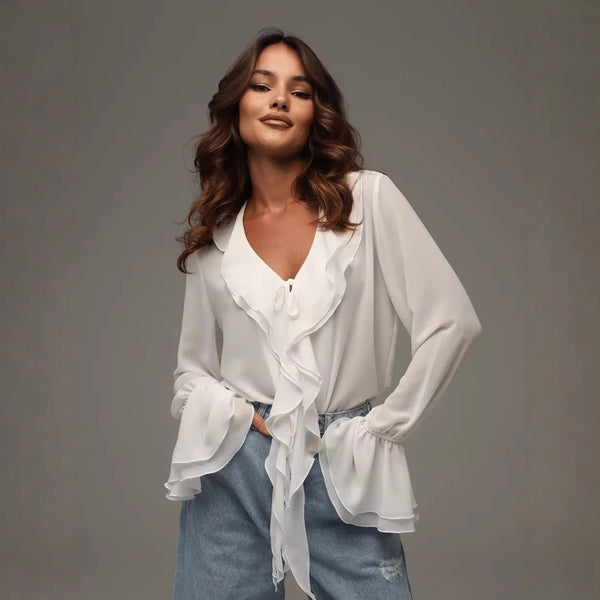 2025 Spring New Cross-border European and American Women's Wear Temperament Solid Color V-Neck Flare Long Sleeve Ruffle Loose Shirt Women
