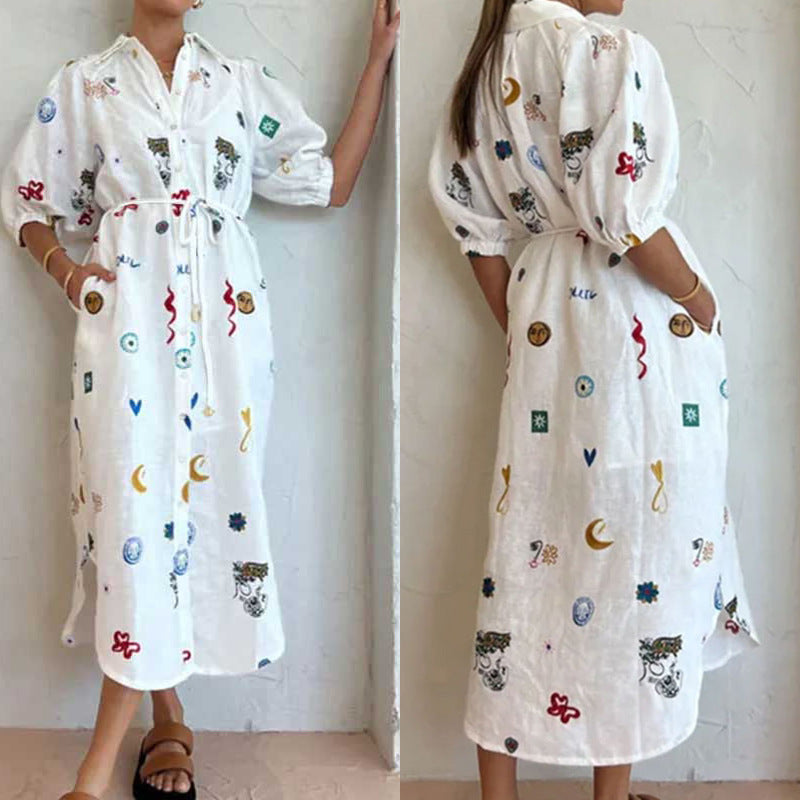 2026 European and American clothing AliExpress new product printed lapel long waist lace-up shirt European and American dress 661