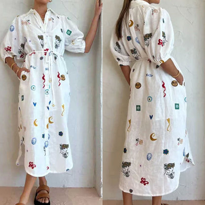 Camisa estampada com lapela e cintura subida com atacadores, modelo 2026, da AliExpress. (Vestido europeu e americano, código 661)