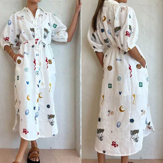 Camisa estampada com lapela e cintura subida com atacadores, modelo 2026, da AliExpress. (Vestido europeu e americano, código 661)