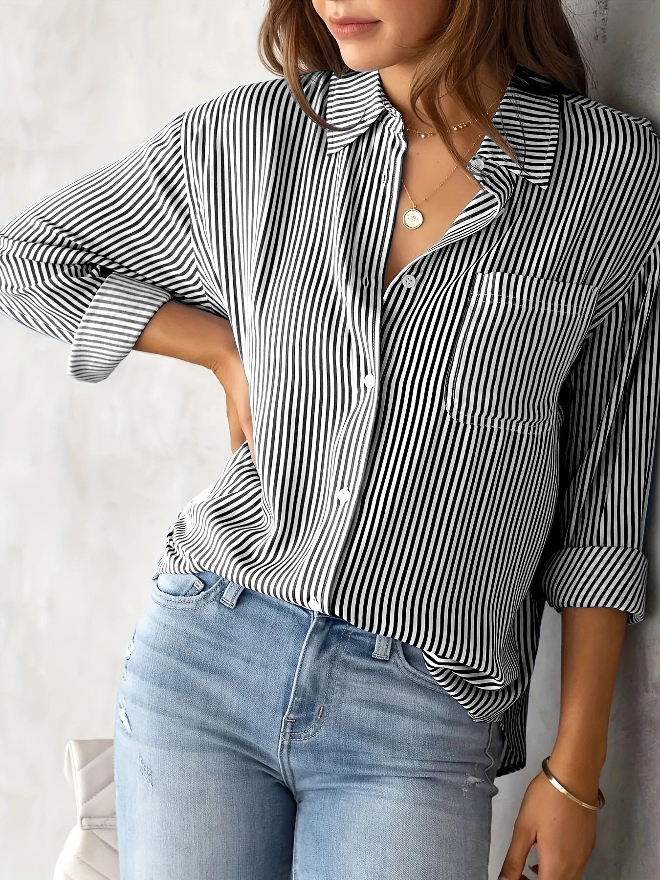 European and American Fall 2023 Amazon Striped Cardigan Top Loose Long Sleeve Shirt Women's Striped Long Sleeve Shirt