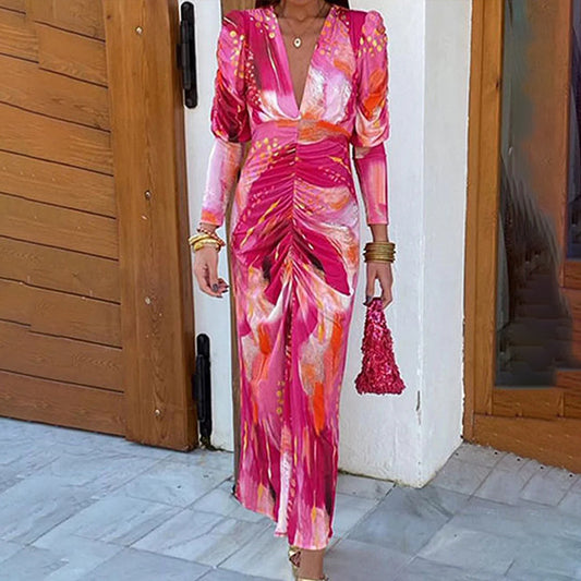 2026 spring-spring cross-border Amazon European and beautiful clothing temperament elegant and fashionable V-neck pleated waist dress