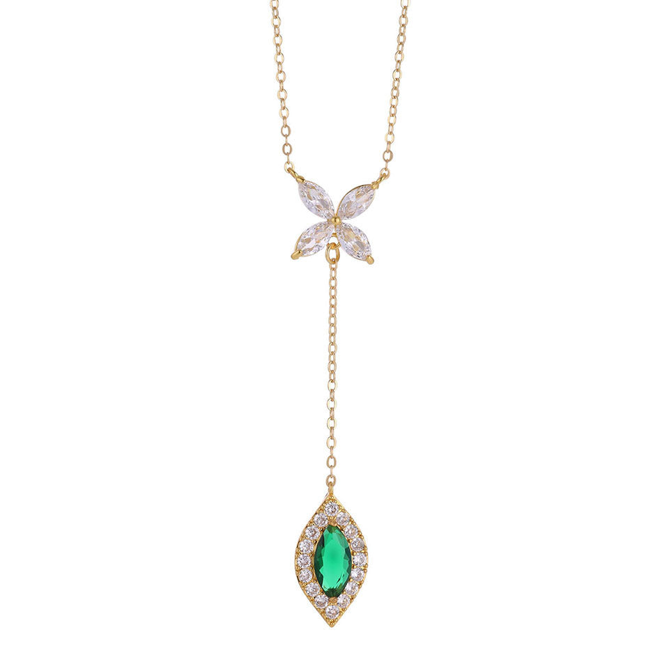 RAKOL Sweet Butterfly Copper Silver Plated Four-Leaf Clover Emerald Y-Shaped Necklace Light Luxury Diamond-Encrusted Tassel Pendant Wholesale