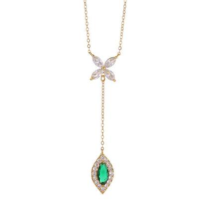 RAKOL Sweet Butterfly Copper Silver Plated Four-Leaf Clover Emerald Y-Shaped Necklace Light Luxury Diamond-Encrusted Tassel Pendant Wholesale
