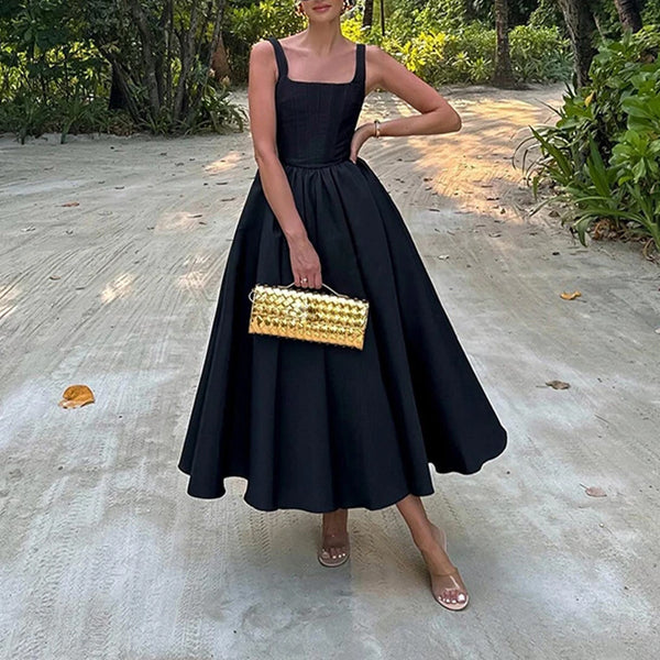 Spring 2026 new cross-border European and beautiful women's clothing with elegant temperament square neck dress sexy pleated waist dress