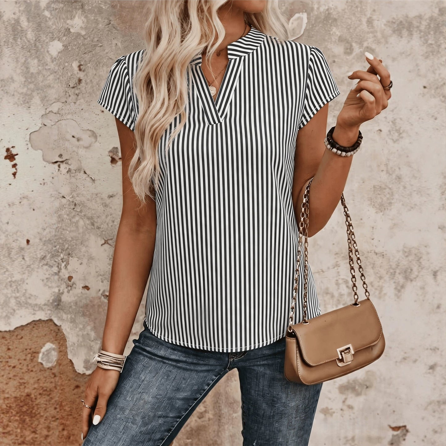 European and American summer new cross-border V-neck short-sleeve striped casual women's shirt, elegant and stylish for commuting, versatile