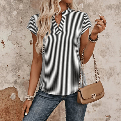 European and American summer new cross-border V-neck short-sleeve striped casual women's shirt, elegant and stylish for commuting, versatile