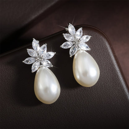 Cross-border bestseller: floral water drop faux pearl stud earrings with diamonds and zircon earrings, light luxury high-end accessories, wedding banquets
