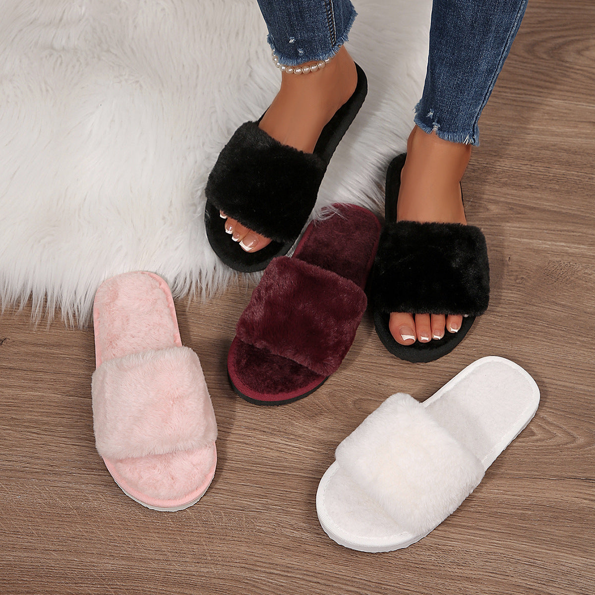 European and American cross-border women's shoes, export fashion fur slippers, daily commuting warmth, solid color round toe flat thick-soled fur shoes