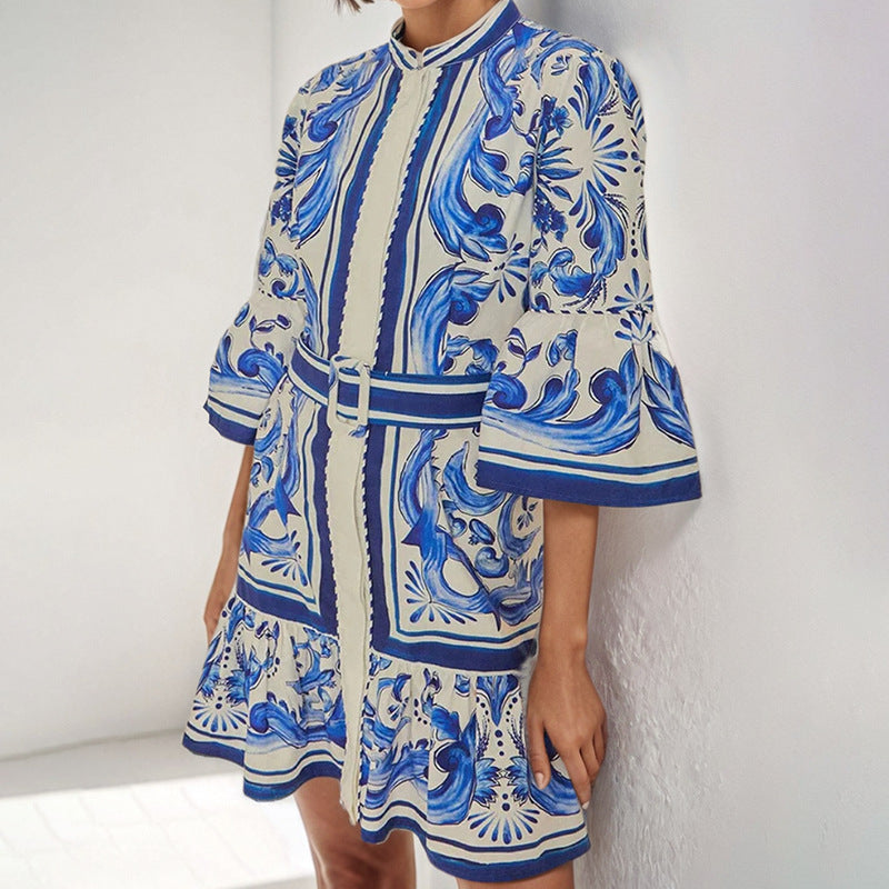 2026 spring/summer new European and American women's clothes crew neck flared sleeves single-breasted printed casual skirt European and American dresses for women