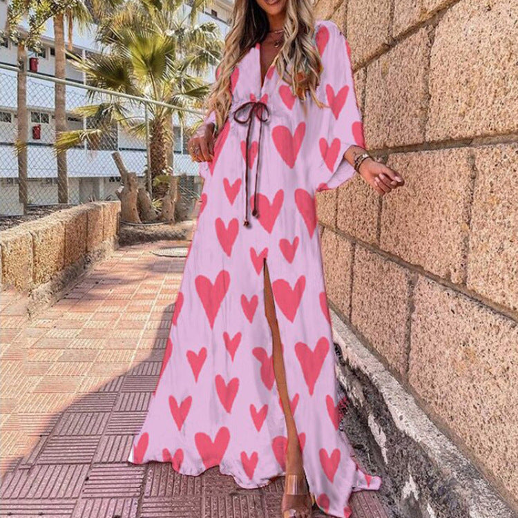 2026 foreign trade European and American wish spring new cross-border resort style V-neck slim print printed and dyed long dress