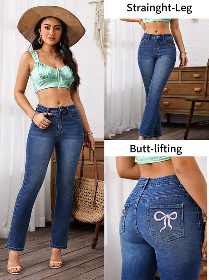 High-waisted embroidered jeans, rich denim blue, tummy control, hips lifting, European-American style high-waisted slightly flared embroidery