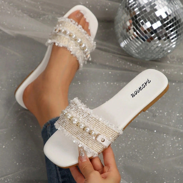 New cross-border women's shoes, fashionable slippers, pearl buckles, versatile solid color metallic decorative square-toe flat sandals