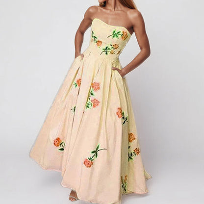 2026 spring new Amazon European and beautiful women's clothing temperament elegant big swing dress printed bandeau high-waisted dress