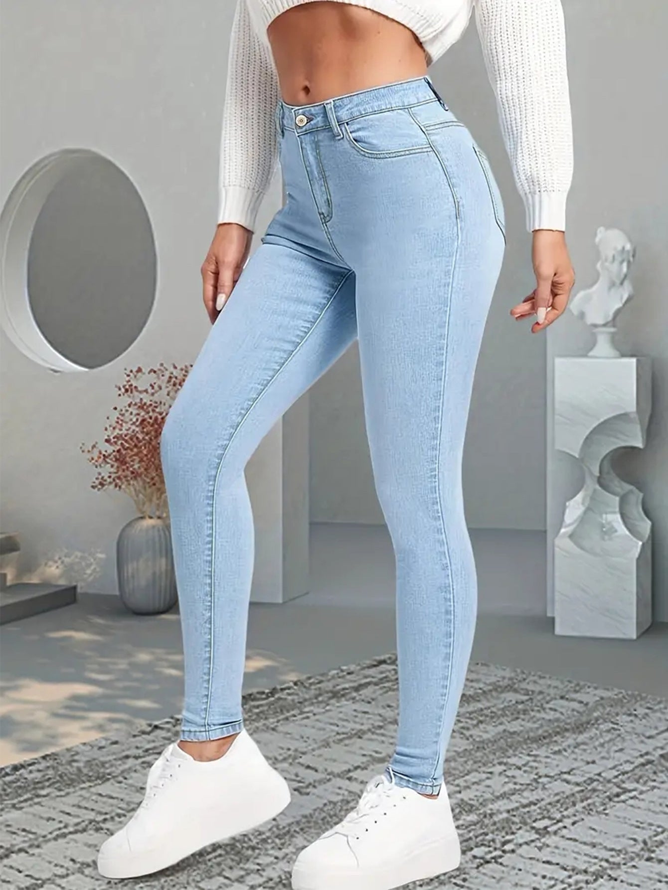 Women's jeans fashionable and versatile, stretch pants, simple slim slim light blue denim trousers, JEANS