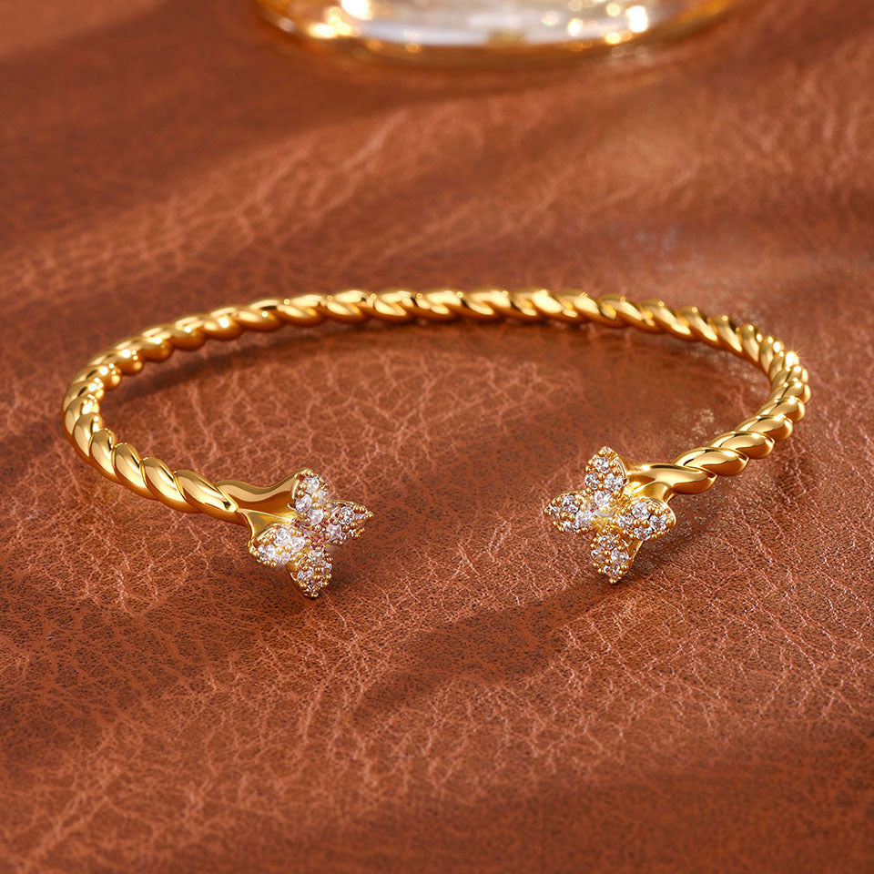 Open copper inlaid zirconia four-leaf clover diamond fashionable commuting simple versatile elegant bracelet ring set for women