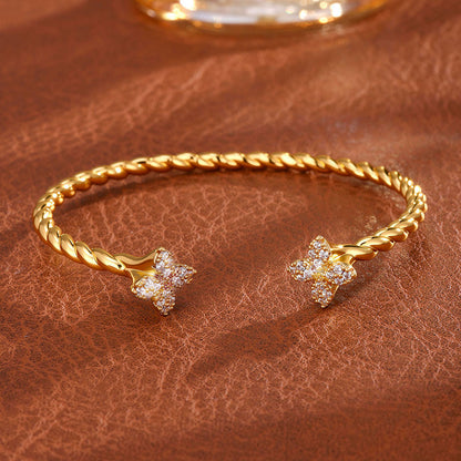 Open copper inlaid zirconia four-leaf clover diamond fashionable commuting simple versatile elegant bracelet ring set for women