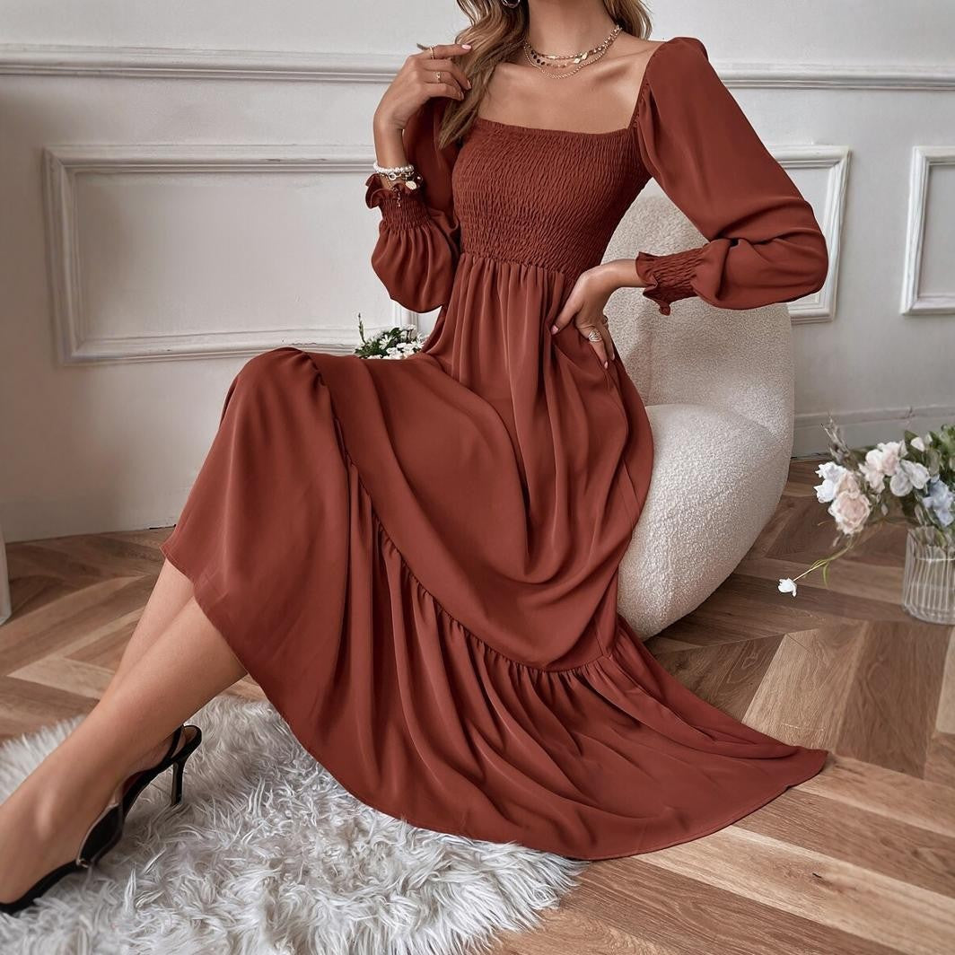 Cross-border, Europe and the United States, spring and autumn 2024, pullover, square neck, long sleeves, ruffled high-waisted, tight-fitting temperament, large swing dress