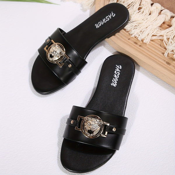 European and American cross-border women's shoes in-stock wholesale slippers, classic elegant versatile solid color metallic decorative round-toe flat sandals