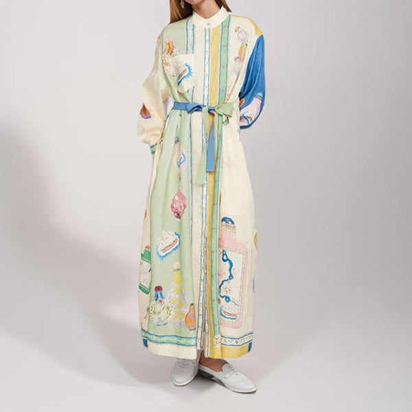 Cross-border 2025 new European and American clothing vintage lantern long sleeve graffiti print waist cinched waist vacation European and American dress women