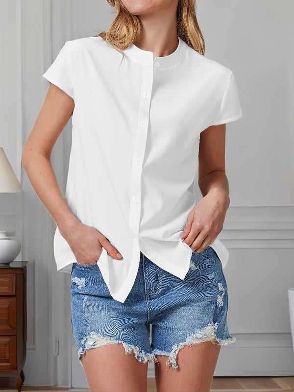 Amazon TikTok foreign trade cross-border European and American women's short-sleeve shirts, solid color shirts, casual and versatile, elegant for commuting