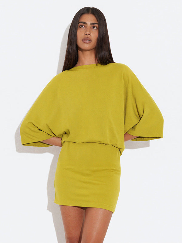 Foreign trade autumn and winter new European and beautiful clothing temperament solid color crew neck bat long sleeve open back short loose dress for women - view 2 | Ciaura