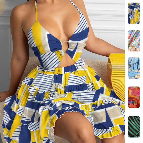 2026 spring new eBay cross-border European and beautiful women's sexy hollow halterneck V-neck cake dress