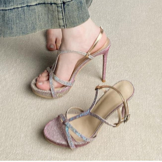 WO Huizhou 2026 new platform high heels, European and American fashion rhinestone cross belts, Greit mermaid thin heels